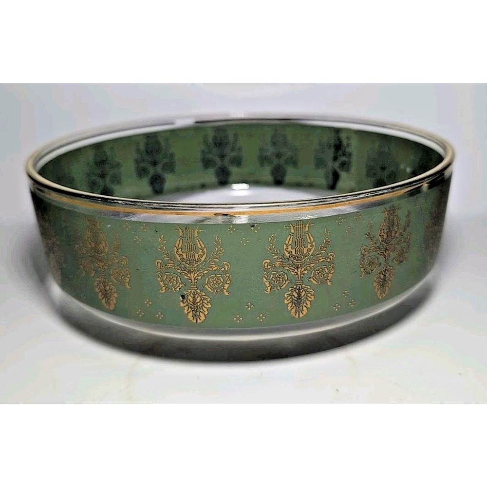 1950's Culver Harp Scroll Green And Gold Footed Serving Bowl 9"W vintage